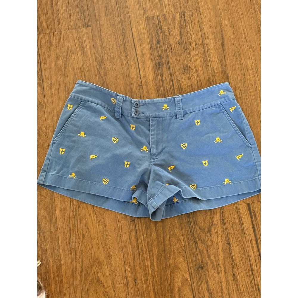 Ralph Lauren Rugby Blue Chino Shorts Yellow Skull Crest Embroidery Womens 10